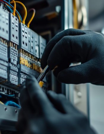 Electrician repairing electrical panel in modern office  close up of technician with tools