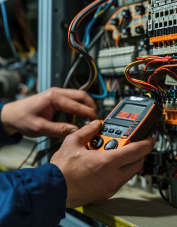A technician inspecting electrical panel