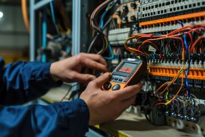 A technician in professional attire is carefully using a digital multimeter to check or troubleshoot an electrical panel