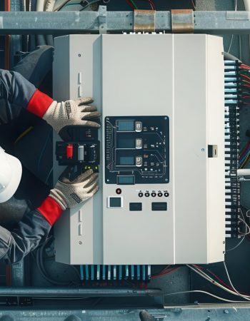 Detailed view of a solar inverter with control panel, technician in action, illustrating maintenance process, top view, highlighting advanced technology, digital tone, Splitcomplementary color scheme, copy space for text